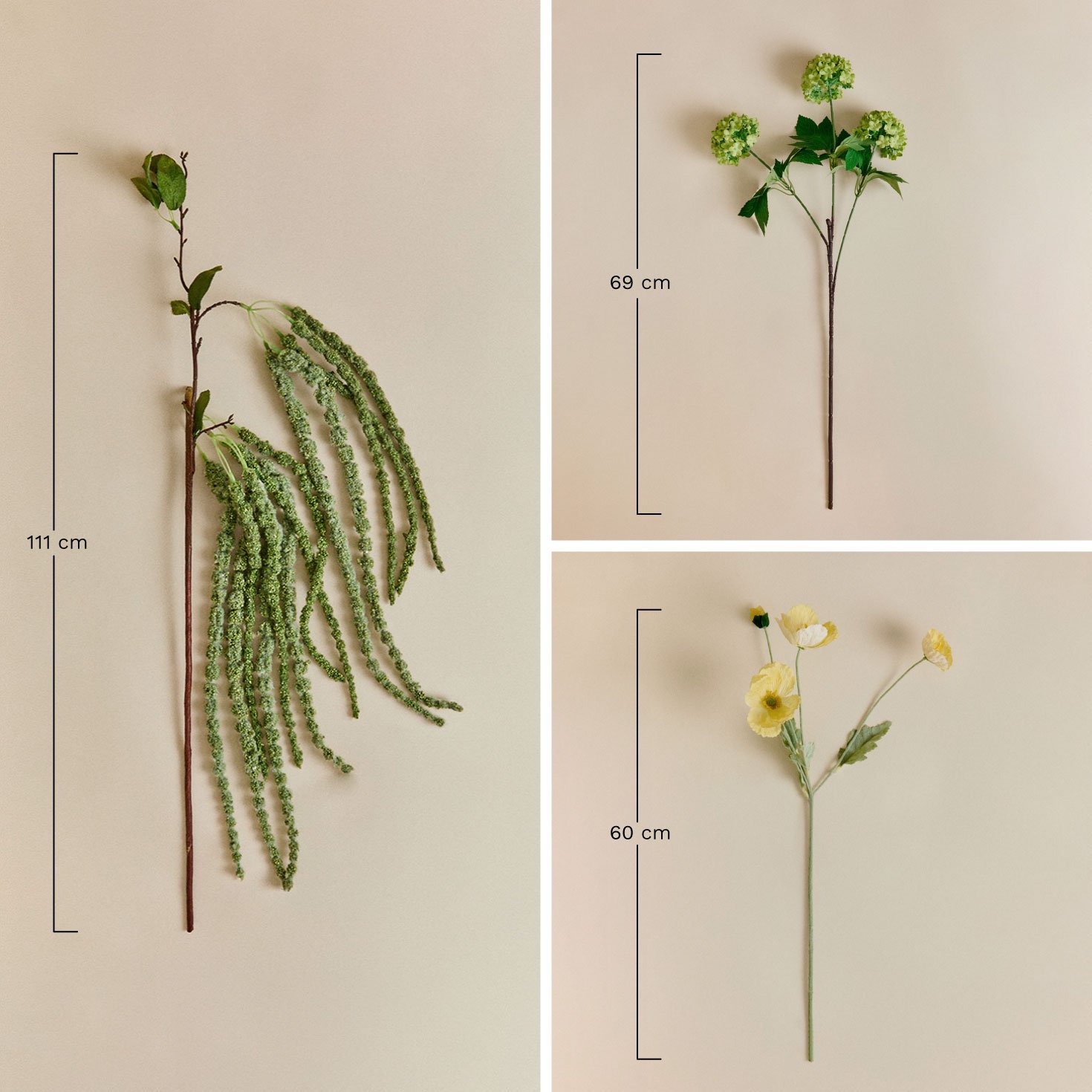 Sylphiran — ramo de flores artificiales, color Amarillo Vainilla — ficha de medidas